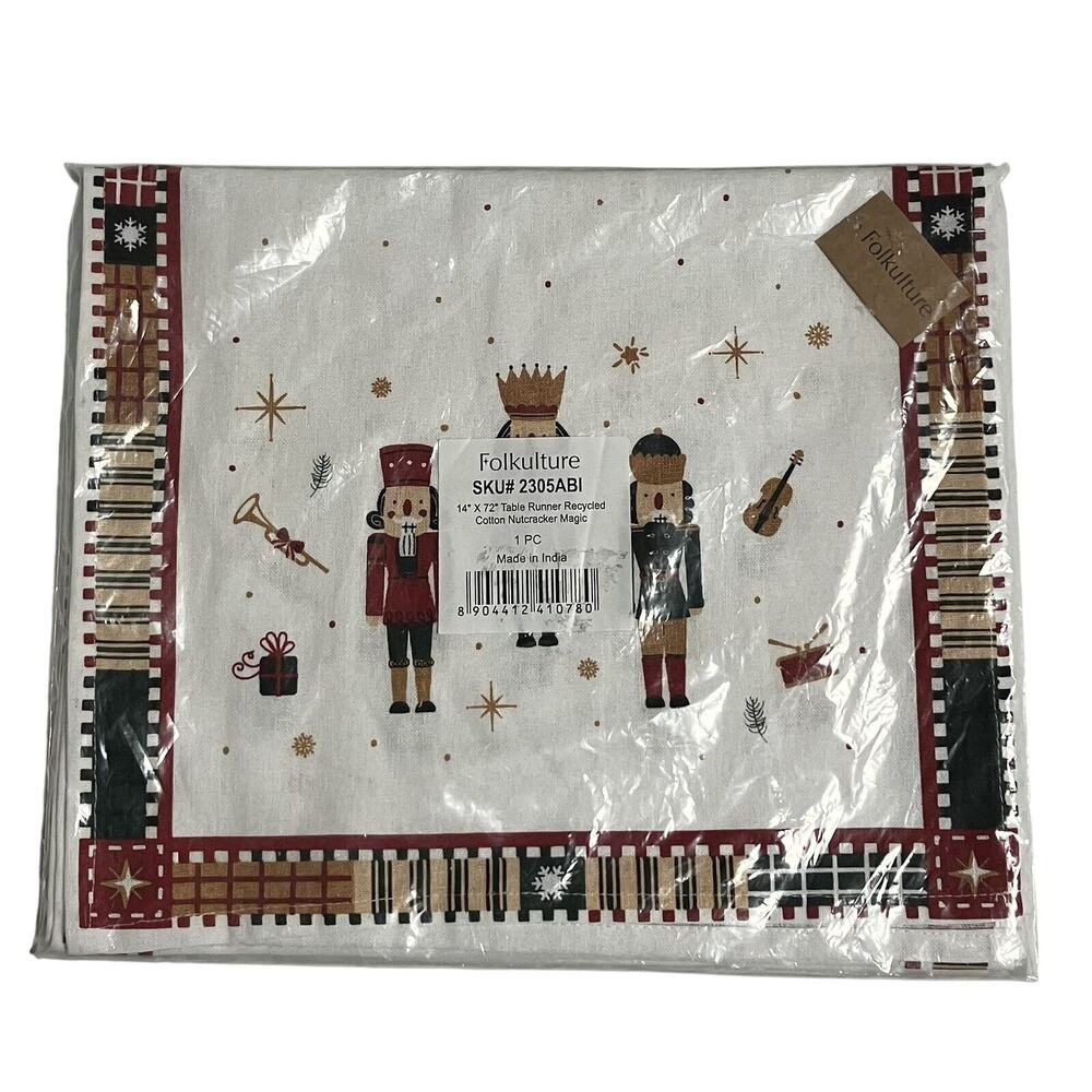 Folkulcure Dining Coffee Table Runner Nutcracker Theme Plaid Border 14X72 NIP